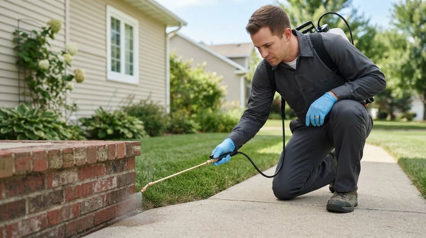 Pest control technician treating a home near Wayland, MA