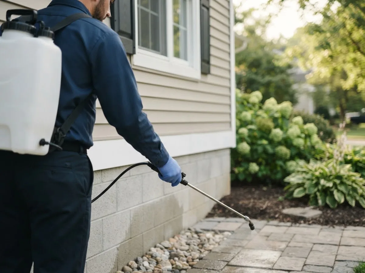 Pest control technician inspecting a home in Wayland, MA